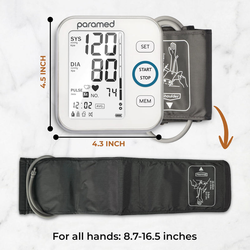 Paramed Blood Pressure Monitor - Bp Machine - Automatic Upper Arm Blood Pressure Cuff 8.7-16.5 inches - Large LCD Display 120 Sets Memory - Device Bag & Batteries Included 1 Count (Pack of 1)