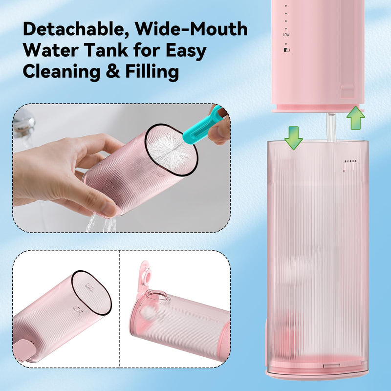 Mini Water Flosser for Teeth,Travel Dental Flosser Picks, Portable Oral Irrigator with Telescopic Water Tank, 5 Modes IPX7 Waterproof Tooth Flosser for Brace, Sensitive Teeth, with Storage Bag Pink