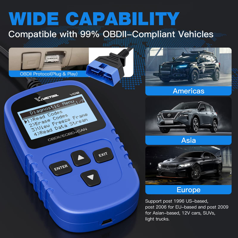 VDIAGTOOL VD10 OBD2 Scanner Code Reader Car Diagnostic Tool Engine Fault Code Reader for Turn Off CEL with Freeze Frame/I/M Readiness for All OBDII Protocol Cars, OBD2 Scanner Diagnostic Tool Blue - BeesActive Australia