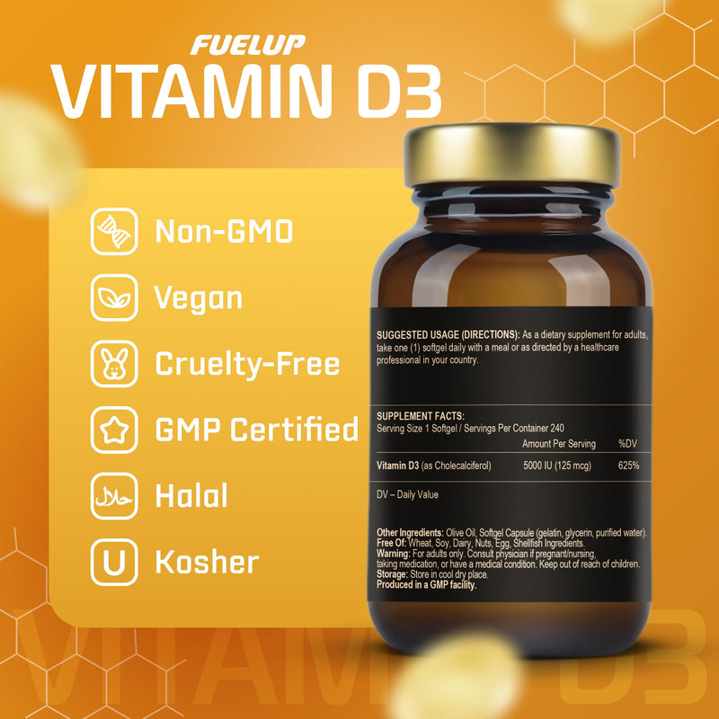 Vitamin D3 5000 IU - 240 Softgels, 8 Month Supply, Non-GMO | Supports immune, muscle & bone health. Gluten-free, allergen-free, easy-to-swallow softgels. 240 Count (Pack of 1)