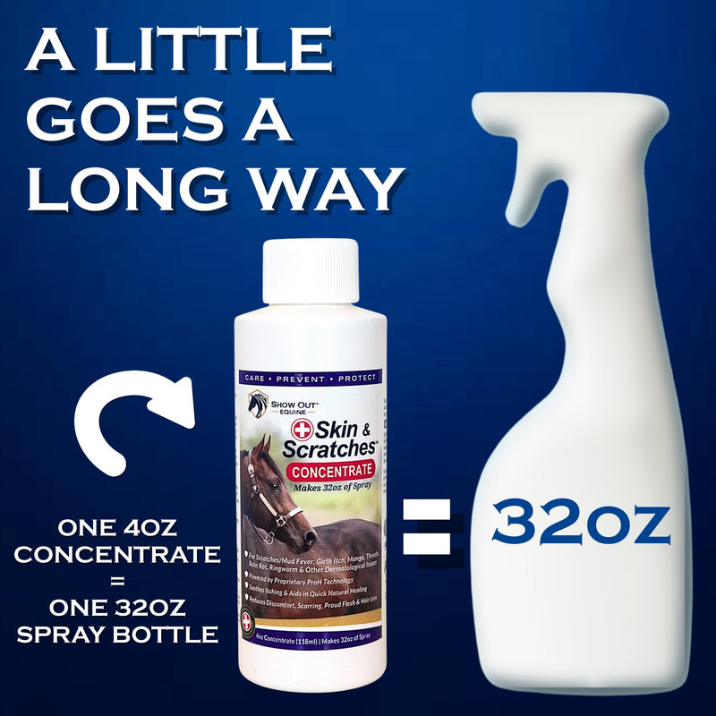 Show Out Skin & Scratches 4 oz Concentrate - Fast Relief and Prevention for Horse Care. Use on Equine Scratches/Mud Fever, Girth Itch, Mange, Thrush, Rain Rot, Ringworm, etc w/Empty Spray Bottle 32 fl oz - PawsPlanet Australia
