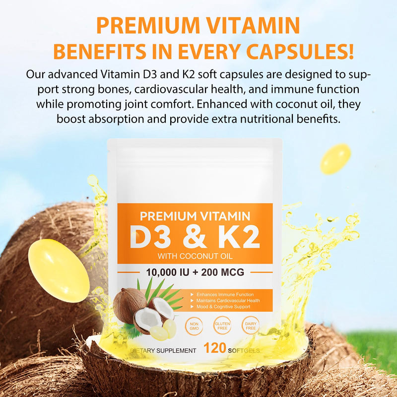 flasture Vitamin D3 K2 Supplement Softgels, 10000 IU VIT D3 + 200 MCG K2 (MK-7) | 2-in-1 Replenish Formula with Coconut Oil, Supports in Calcium Absorption, Easy to Swallow 120 Capsules. 1 Count (Pack of 120)