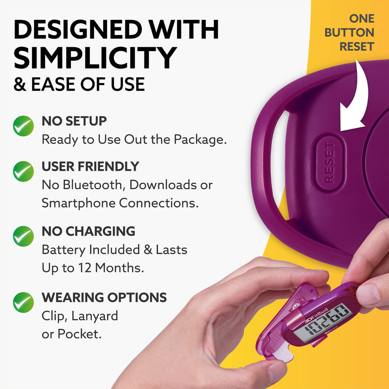 3DFitBud Simple Step Counter Walking 3D Pedometer by 3DActive with Clip, Lanyard Accurate Step Tracker Large Display, Easy to Use for Kids Men Women Adult Seniors Daily Step Tracking - A420S Plum - BeesActive Australia