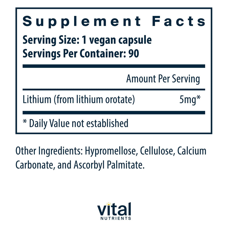 Vital Nutrients Lithium Orotate - Vegan Lithium Supplements for Memory, State of Mind, and Behavioral Health*- 5mg - Gluten, Dairy, Soy Free - 90 Capsules