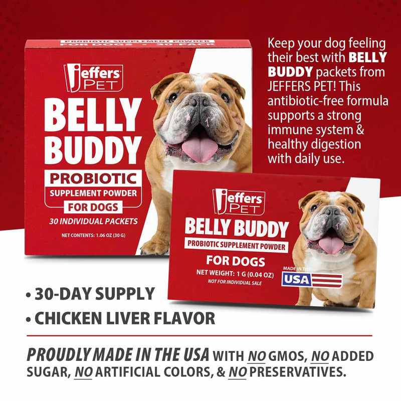 Jeffers Belly Buddy Dog Probiotic Powder Packets, 30 Count - Veterinary Formulated, Four Probiotic Strains & Vitamins for Gut Health, Diarrhea & Digestive Balance, Chicken Liver Flavor, USA Made For Dogs 30 ct