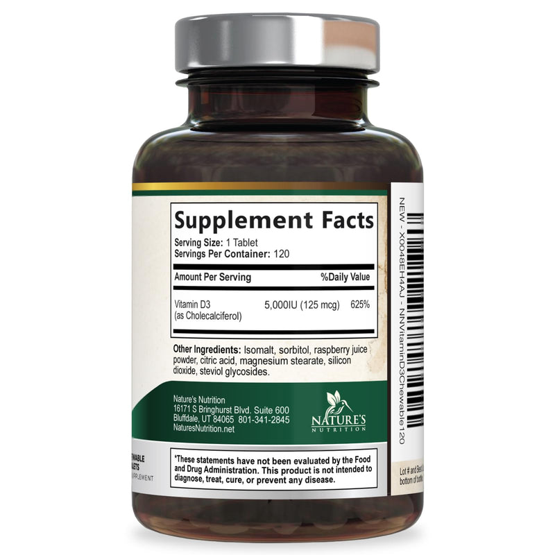 Vitamin D3 5000 IU (125 mcg) Per Serving - Extra Strength Vitamin D Chewable for Immune Support Health - Bone, Teeth and Muscle Supplements - Sugar Free, Gluten Free, USA Bottled - 120 Count Tablets 120 Count (Pack of 1)