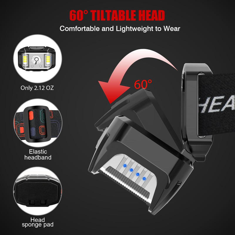 Headlamp Rechargeable, High Lumen Super Bright Motion Sensor LED Head Lamp Flashlight, Waterproof Headlight with White Red Light,14 Modes Head Lights for Camping Fishing Running- 4 Pack 4 Packs