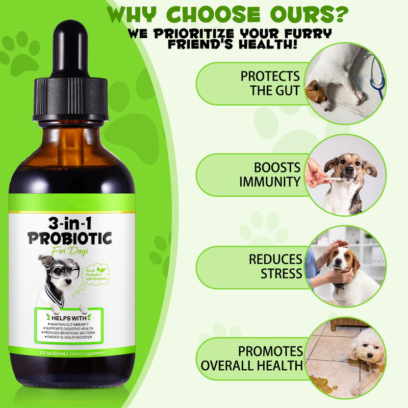 Probiotic For Dogs, 3-In-1 Probiotics Dogs Drops, with Prebiotic & Enzymes, Supports Gut Health, Immunity & Digestive Comfort, 60ml