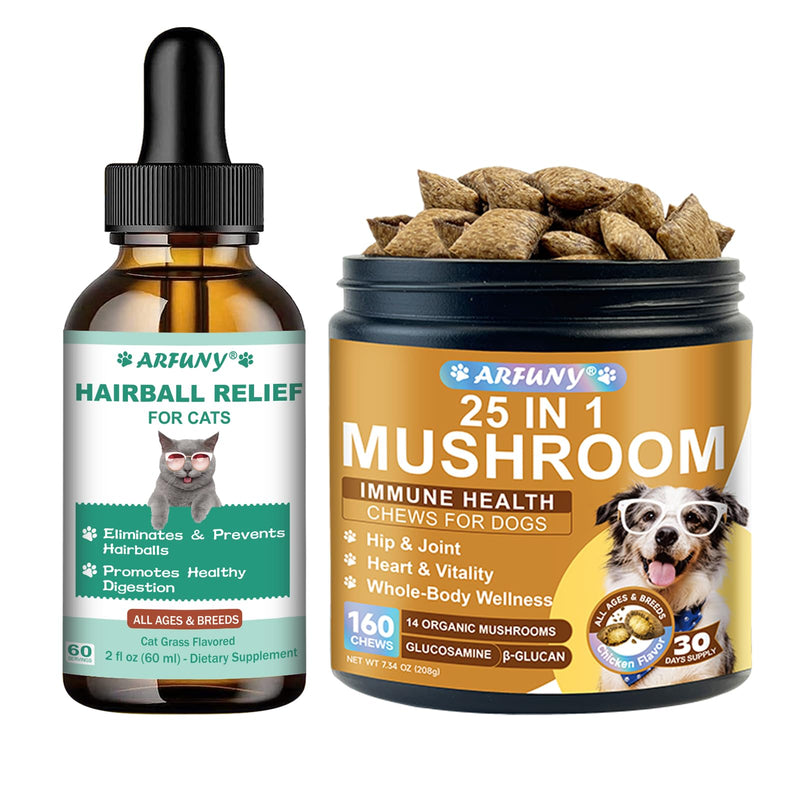 Cat Hairball Drops & Dog Mushroom Chews - for Cat Kitten Furball Treatment Supports Skin & Coat, Digestion - for Dog Gut, Hip, Joint, Skin, Coat, Immune Health