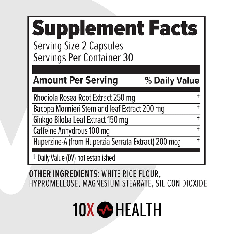 10X Health Focus Rhodiola Rosea - Brain Supplements for Memory and Focus - 60 Capsules Focus Supplement, Memory Supplement for Brain Health with Ginkgo Biloba, Huperzine A - Ginkgo Biloba Capsules