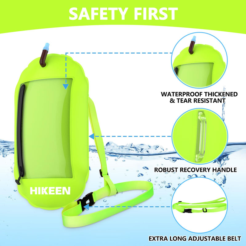Hikeen Swim Buoy -Waterproof Touchscreen Storage Space, Swim Safety Float w/Adjustable Waist Belt for Open Water Swimmers and Triathletes -Be Bright,Be Safer & Be Seen Green