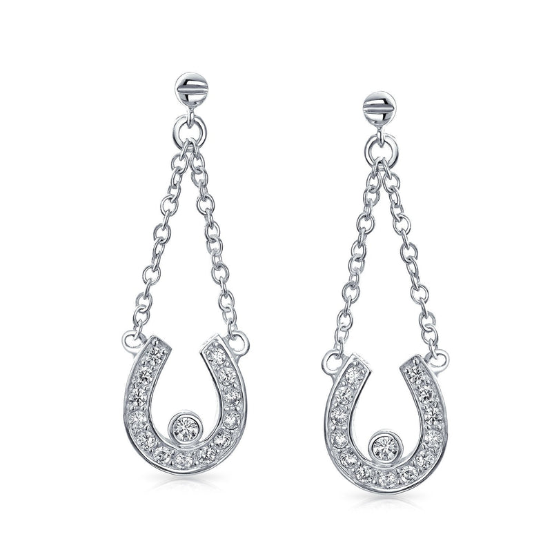 Good Luck Horseshoe Equestrian Cubic Zirconia Pave CZ Dangle Earrings Western Jewelry For Women Teen Graduation .925 Sterling Silver - BeesActive Australia