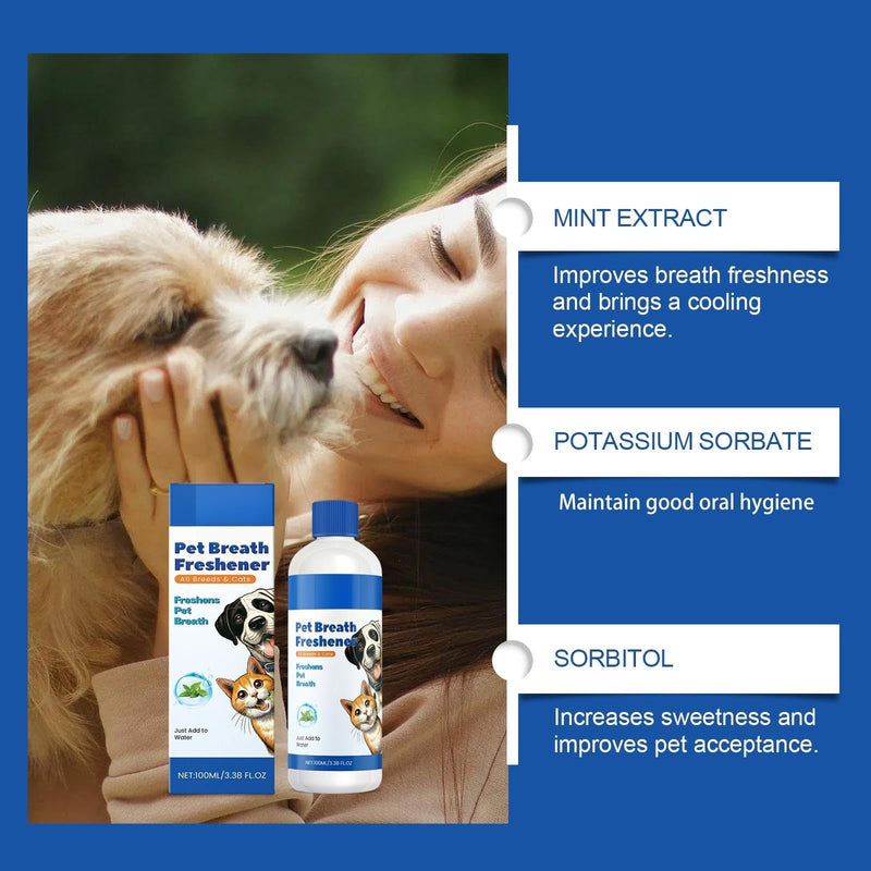 Pet Breath Freshener, Dog Dental Care Teeth Cleaning, Dental Care Oral Dog Mouthwash - 100ml Helps for Bad Breath, Freshens Breath and Aid in Daily Oral Use,Suitable for Breeds Dogs & Cats-3.38 Fl.oz