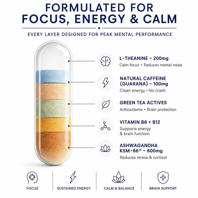 Focus, Brain & Energy Supplement, 60 Count — Green Tea L-Theanine 200mg + Natural Caffeine 100mg — Calm Focus, Mental Clarity, No-Crash Energy — Vegan, Methylated B-Vitamins, Lab-Tested