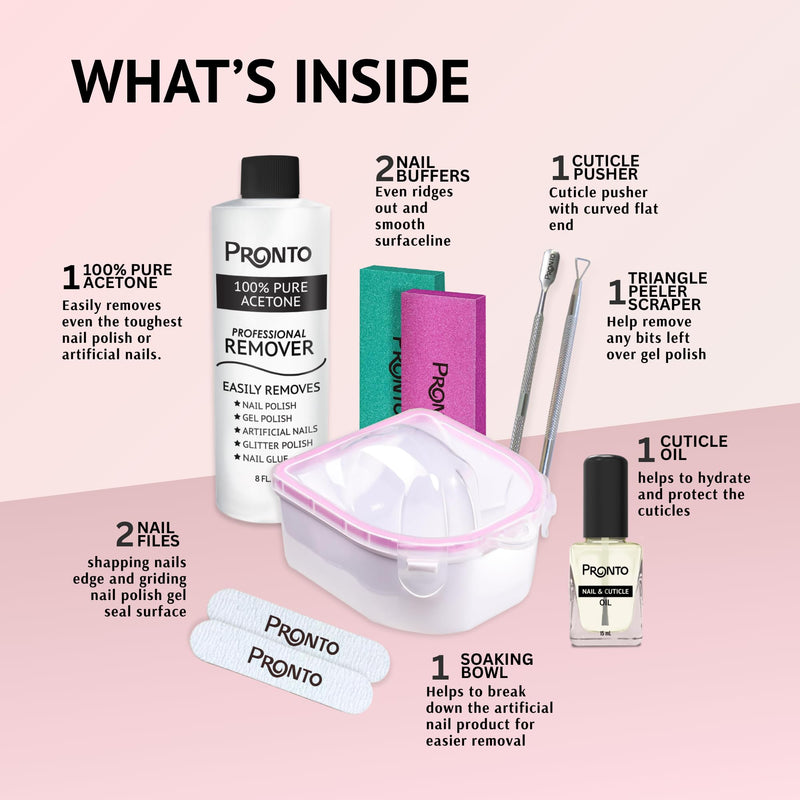 Pronto Gel Nail Polish Remover Kit – 8 Oz Pure Acetone 100 Percent, Nail File, Nail Polish Soak Off Bowl, Cuticle Oil for Nail Care + Manicure Set with Nail Buffer Block, Cuticle Pusher & Nail scraper 8 Fl Oz + Kit Bowl