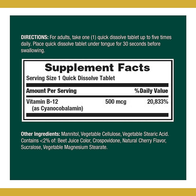 Nature's Bounty Vitamin B12, Supports Energy Metabolism and Nervous System Health, 500mcg, Tablets, 100 Ct (Pack of 2) 100 Count (Pack of 2)