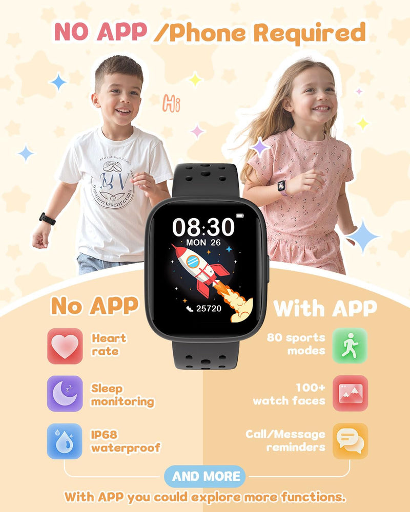 Kids Watch for Boys 5-12, Kids Smart Watch Fitness Tracker Pedometer, No Phone Needed, Puzzle Games with Parental Control, IP68 Waterproof, Heart Rate, Sleep Monitor, Step Counter, 80 Sports Black