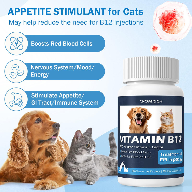Appetite Stimulant for Cats and Dogs Vitamin B12 Tablets - Methylcobalamin B12 - Appetite Stimulant Treatment of EPI in Pets Supports Energy, Red Blood Cell Formation, Nervous System - 90 Tablets