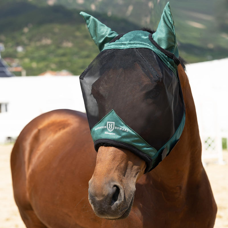Harrison Howard Pro Luminous Horse Half Face Fly Mask Large Eye Space with Ears UV Protection for Horse Hunter Green L - BeesActive Australia