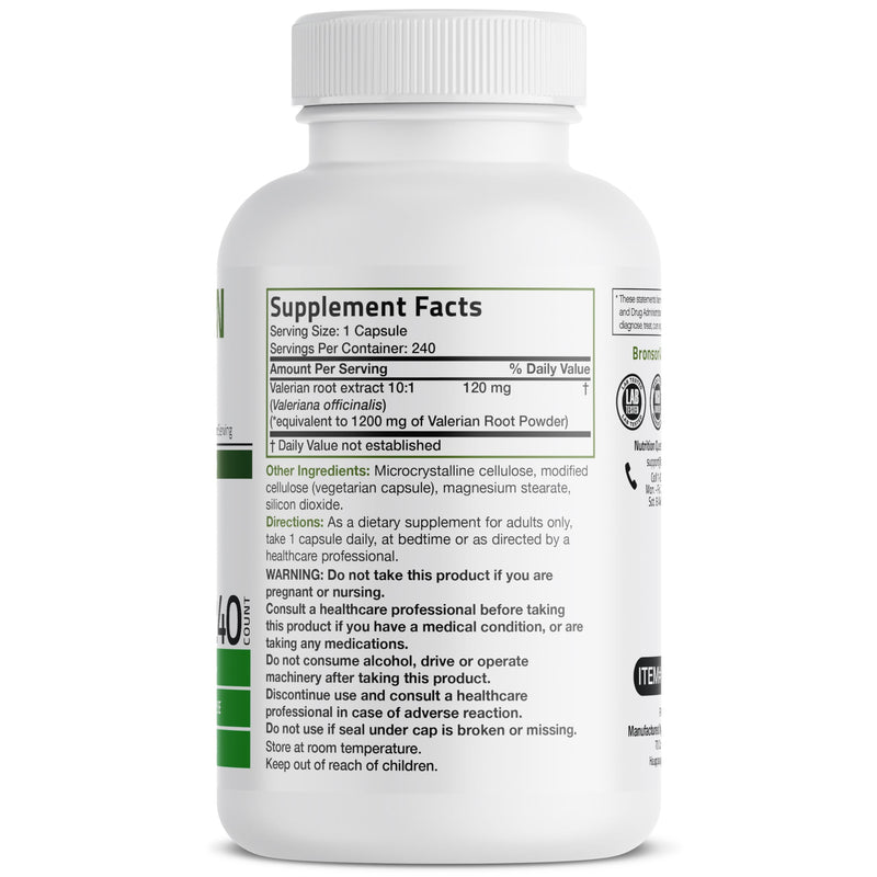 Bronson Valerian Root Capsules - Valerian Officinalis - Promotes Relaxation - Non-GMO, Soy-Free Gluten-Free, 240 Vegetarian Capsules Unflavored 240 Count (Pack of 1) - BeesActive Australia