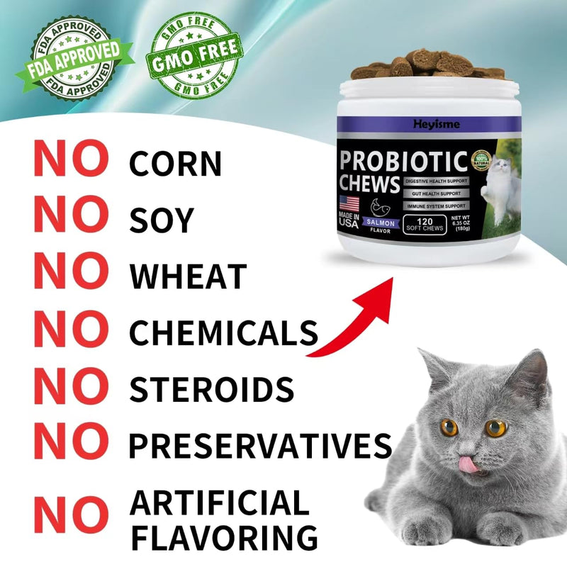 Cat Probiotic, Chews for Gut and Immune Health, Cats Probiotic Supplement for Cat Digestive Support, Healthy Digestion, Cat Constipation and Diarrhea Relief (120 Pills, Salmon) 120 Pills
