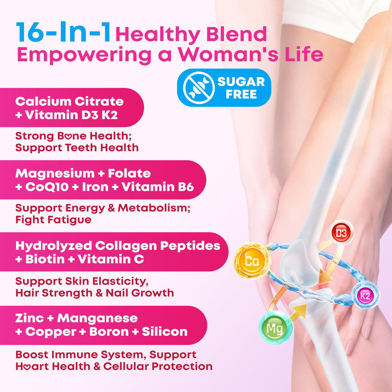 Calcium Gummies for Women, Calcium Citrate 1200mg with Vitamin D3 K2, Collagen & Biotin, B0ne, Teeth, Immune & Hormone Support, Sugar Free, Non-GMO, Gluten-Free, Strawberry Flavor, 90 Count 90 Count (Pack of 1)