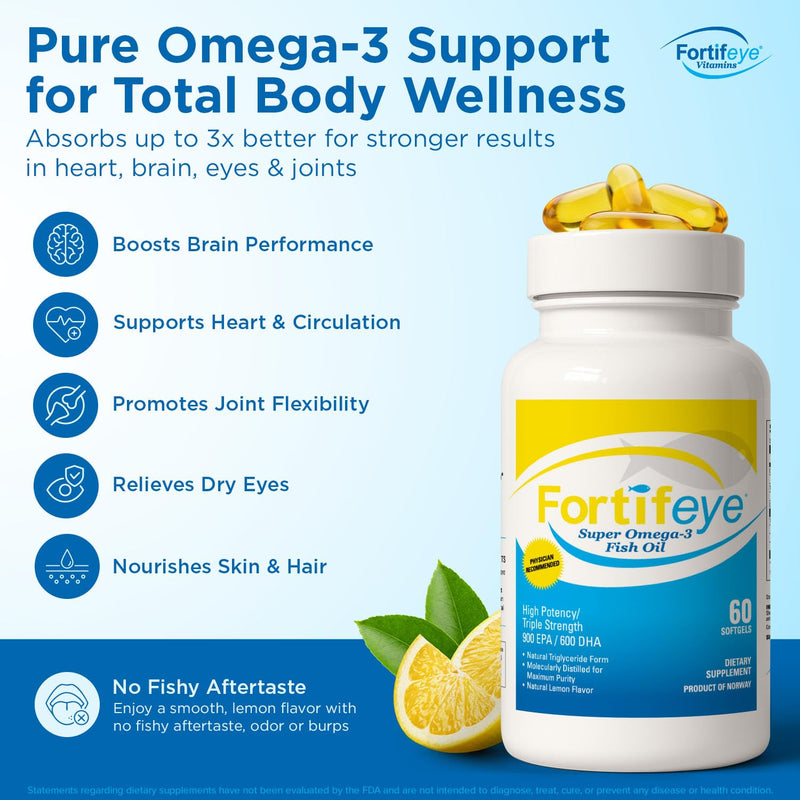 Fortifeye Super Omega-3 Fish Oil - 120 Count - 1600mg EPA + DHA - Triple Strength Ultra-Pure rTG Omega-3 Expertly Concentrated & Purified in Norway from Sustainably Sourced Wild Fish - Lemon Flavor 120 Count (Pack of 1)