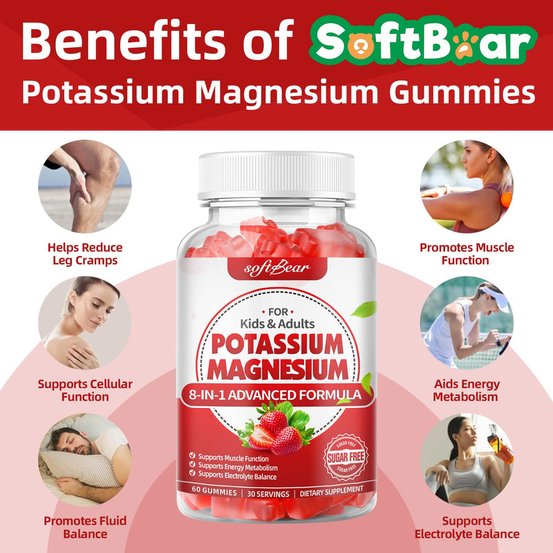 softbear Potassium Gummies for Adults, High Absorption Magnesium Potassium Supplement with Vitamin B6 for Leg Cramps & Muscle Health Sugar-Free Vegan Strawberry 60 Gummies 60 Count (Pack of 1)