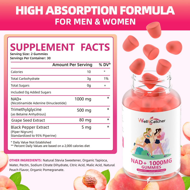 NAD+ Gummies Supplement for Women 1000MG - NAD Plus Gummies for Men Sugar Free Vitamin B3 Niacinamide Pure Organic Boosts NAD Level Anti-Aging Cell Regeneration Energy Brain Peach Flavor 60C