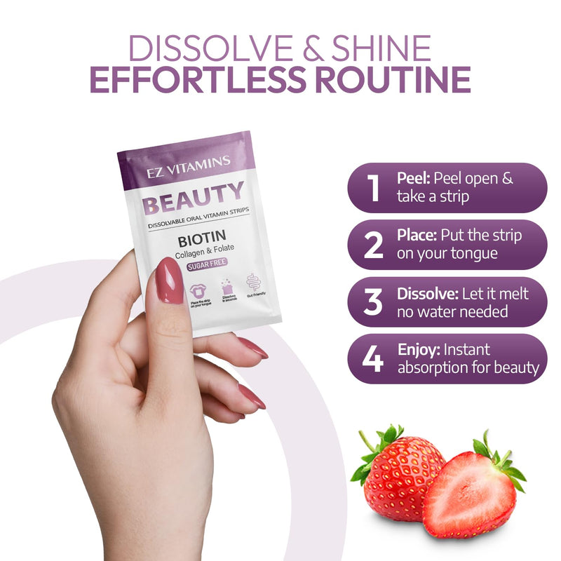 Beauty Strips for Hair, Skin & Nails Growth, 30 ct | Collagen Oral Strips With Biotin, Vitamin E And Folate Support Strong Nails And Glowing Skin, Strawberry Flavor, Sugar-Free