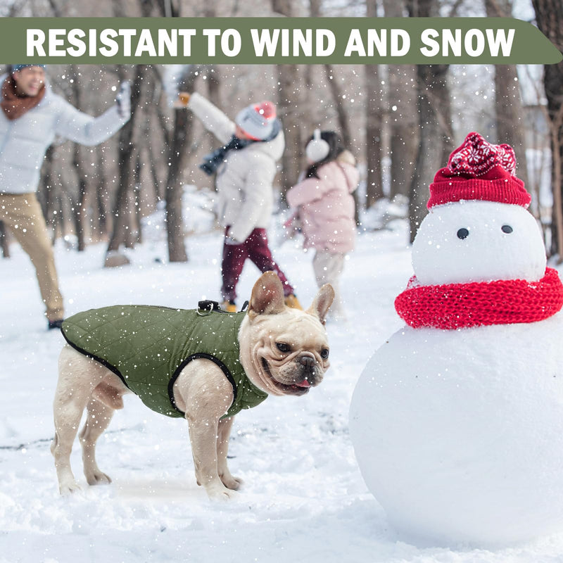 SCENEREAL Winter Dog Vest Coat with Harness Built in, Warm Dog Jacket for Small Medium Dogs, Dog Cold Weather Coats with Zipper, Fleece Puffer Vest Windproof Snow Clothes for Puppy Pet S(Chest 14") #1 Olive-Matte - BeesActive Australia