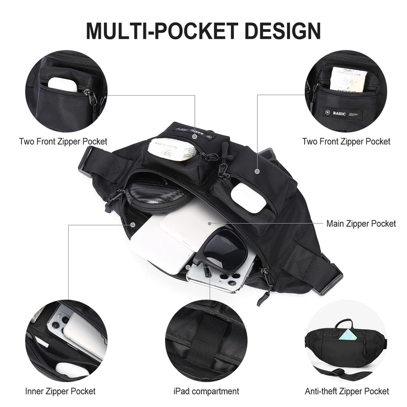 Fanny Pack for Women Men Crossbody Bag with 6-Zipper Pocket Adjustable Strap Black Fanny Packs Sling bag for Men Outdoor Travel Sports Hiking Running A-Black