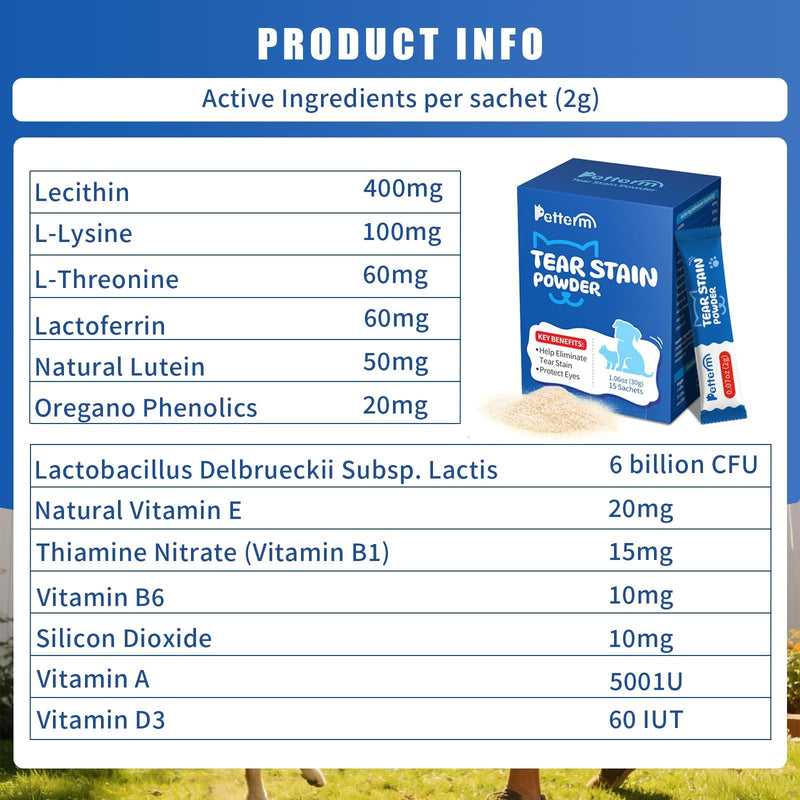 PETTERM Tear Stain Powder for Dogs and Cats - Internal Eye Health Supplement with 6 Billion CFU Probiotics & Lactoferrin - 15 Pre-Measured Sachets, Picky Eater Approved Chicken Flavor (1.06oz)