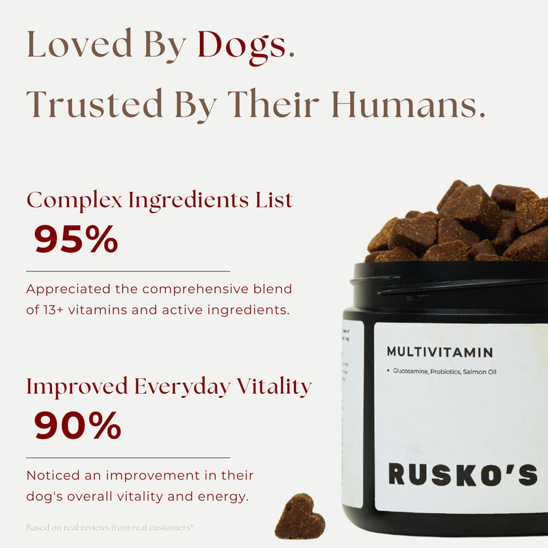 Rusko's Multivitamin Supplement for Dogs | Daily Immunity, Digestion & Joint Support | Vitamins A, C, D & E, Probiotics & Salmon Oil | 120 Soft Chews