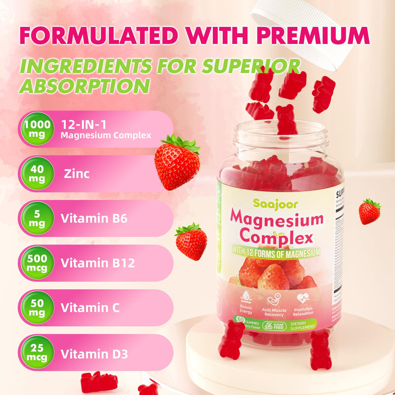 Magnesium Complex Gummies – with 12 Forms of Magnesium (Citrate, Glycinate, Malate, Oxide, and More) Plus Vitamins B6, B12, and C. for Women and Men – Strawberry Flavor, 60 Count 1 Pack