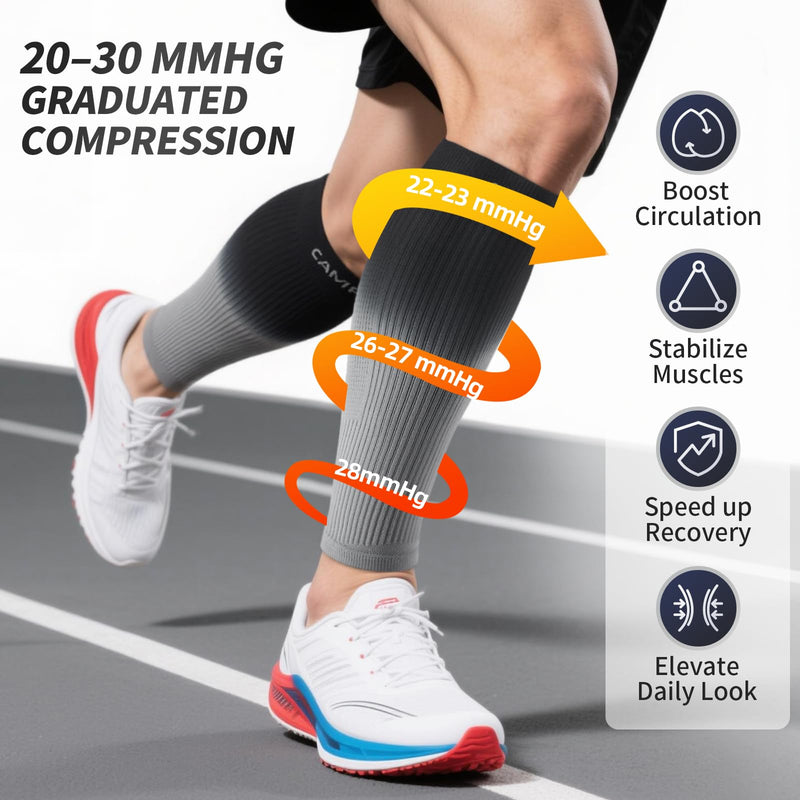 CAMBIVO Gradient Calf Compression Sleeves, 20-30 mmHg Medical Footless Compression Socks for Shin Splints, Leg Fatigue, Travel, Running, Standing & Daily Wear – Stylish Leg Support for Men & Women Gray Large - BeesActive Australia