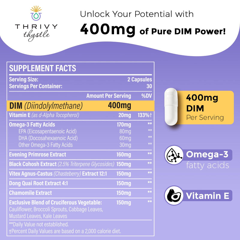 Liposomal DIM 400 mg - Hormone Balance, Estrogen Support for Women, DIM Supplement with Vitamin E, Evening Primrose, Black Cohosh, Omega-3 Fatty Acids (120 Capsules) 60 Count (Pack of 2)