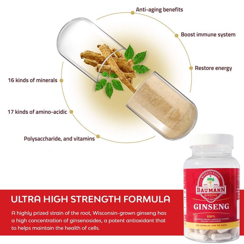 Baumann Wisconsin Ginseng Capsules 130 Pills 400 mg – Pure American Ginseng Root Extract Powder in Each Pill - 100% Natural Panax Ginseng Supplement for Immune Support, Focus and Energy 130 Count (Pack of 1)