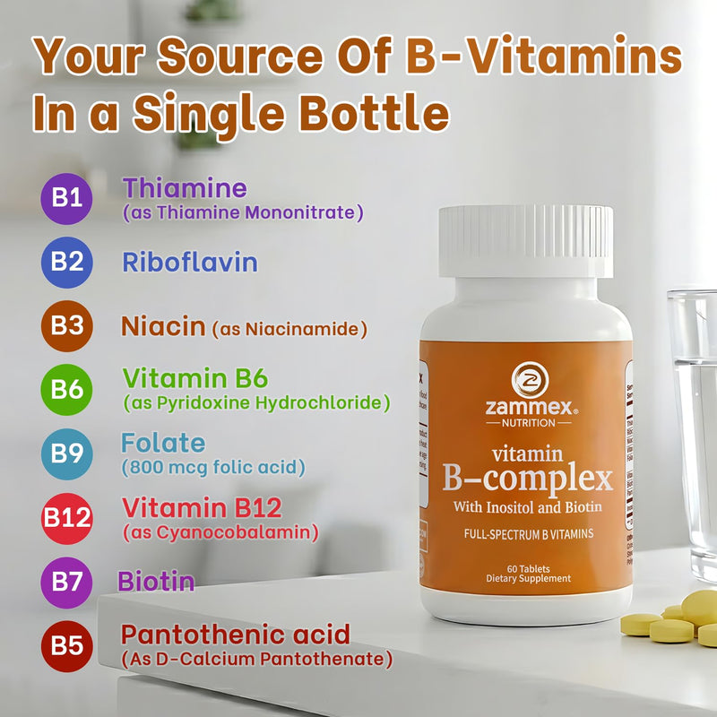 Zammex Vitamin B Complex with Inositol and Biotin – Full Spectrum B Vitamins B1 B2 B3 B6 B12 Non-GMO · Vegan-Friendly – 60 Tablets
