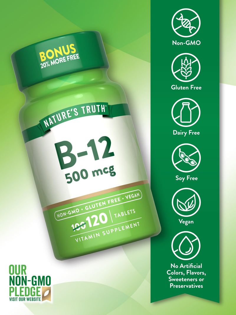 Nature's Truth B12 Vitamin | 500 mcg | 120 Tablets | Vegan, Non-GMO & Gluten Free Supplement 120 Count (Pack of 1)