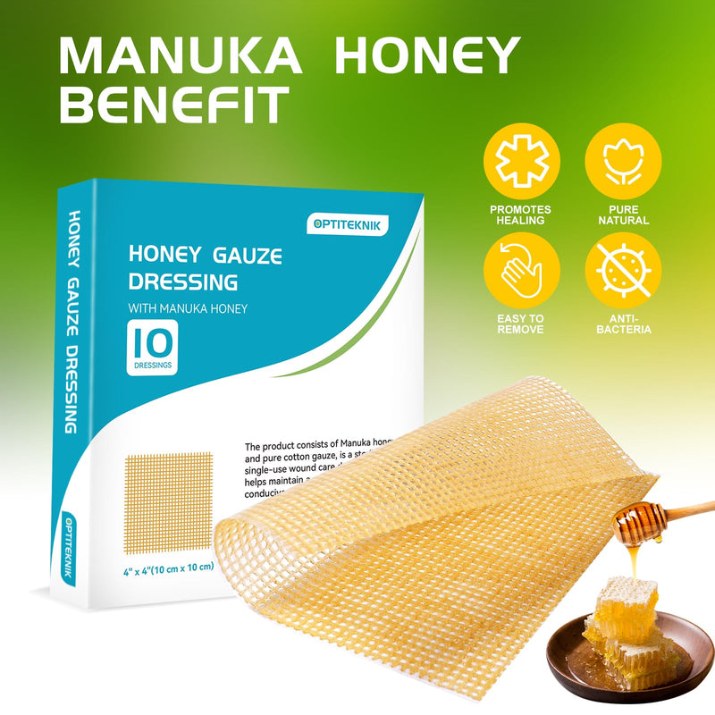 Manuka Honey Gauze Dressing 4"x4"(Pack of 10), Manuka Honey Wound Care Bandage for Cuts, Scalds and Burns, Wound Dressing Products 4"x4" pack of 10
