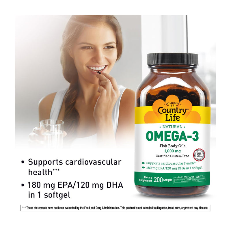 Country Life Omega-3 Fish Oil 1000 mg, EPA DHA, 200 Softgels | Burpless formula provides 180 mg EPA and 120 mg DHA per softgel for cardiovascular support Unflavored 200 Count (Pack of 1)