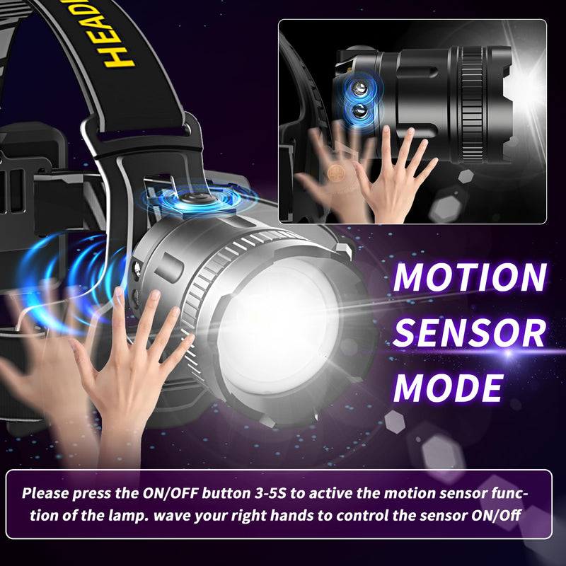 LED Headlamp High Lumens with Motion Sensor Super Bright, 3 Lighting Modes, Digital Display, Rechargeable, Waterproof Head Lamp, 90° Adjustable for Camping, Hiking, Fishing, Running Outdoor (1) 1