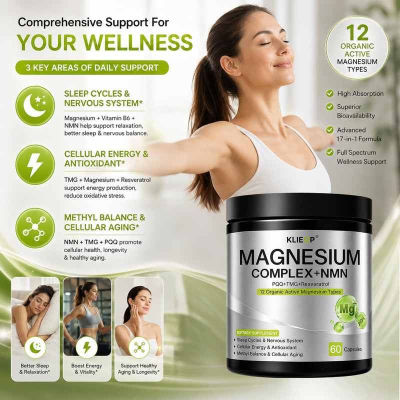 Magnesium Complex Supplement for Women and Men with NMN Supplement | 17-in-1 TMG, Resveratrol, PQQ & Vitamin B6,Sleep & Relaxation, Nervous System, NAD+ Level & Cellular Energy Support 60 Count (Pack of 1)