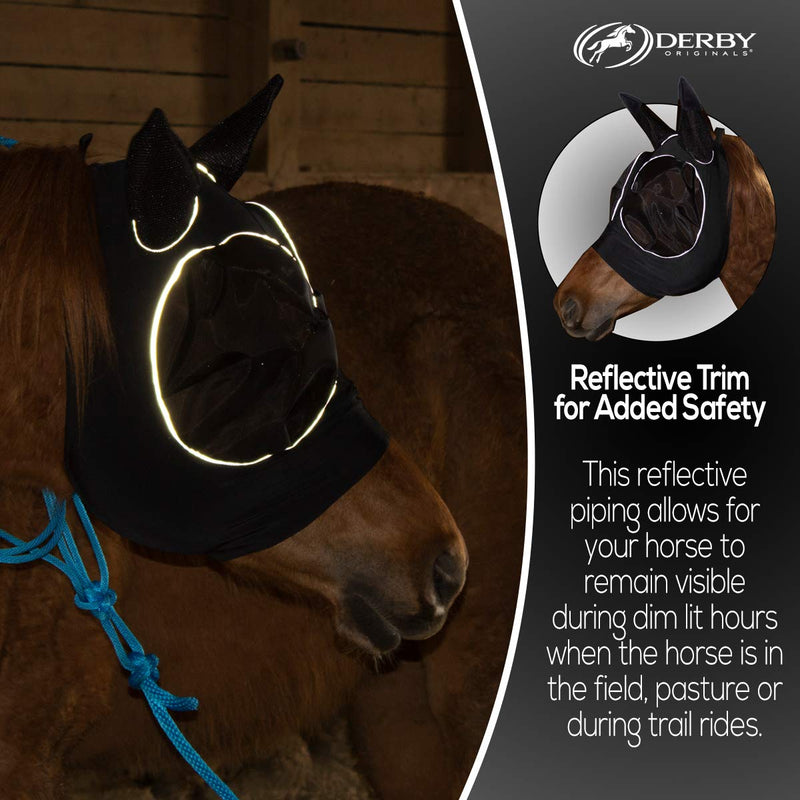 Derby Originals Reflective Lycra Fly Mask with 1 Year Warranty Mesh Eyes and Ears,Black,Large (Full/Average),72-7177-BLK-L Black Large (Full/Average) - BeesActive Australia