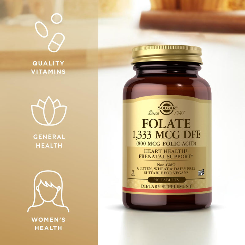 Solgar Folate 1,333 mcg DFE (Folic Acid 800 mcg) - 250 Tablets, Pack of 2 - Prenatal Support - Non-GMO, Vegan, Gluten Free, Dairy Free, Kosher, Halal - 500 Total Servings