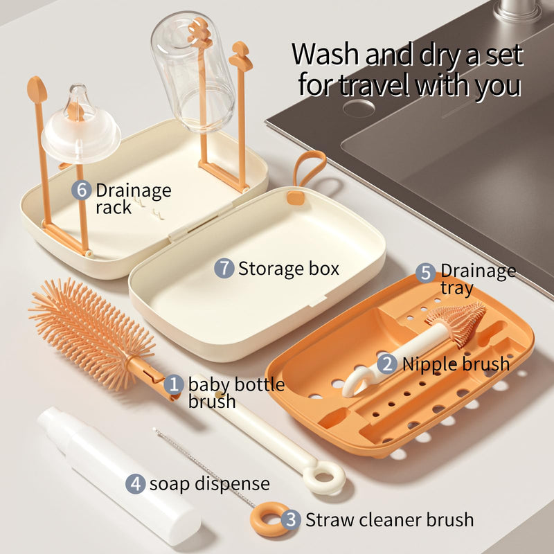 7in1 travel bottle cleaner kit,baby essentials, with Bottle brush、Nipple brush、Straw cleaner brush、Soap dispenser、Bottle drying rack、Drainage tray、Storage box,baby travel essential (White) White - BeesActive Australia