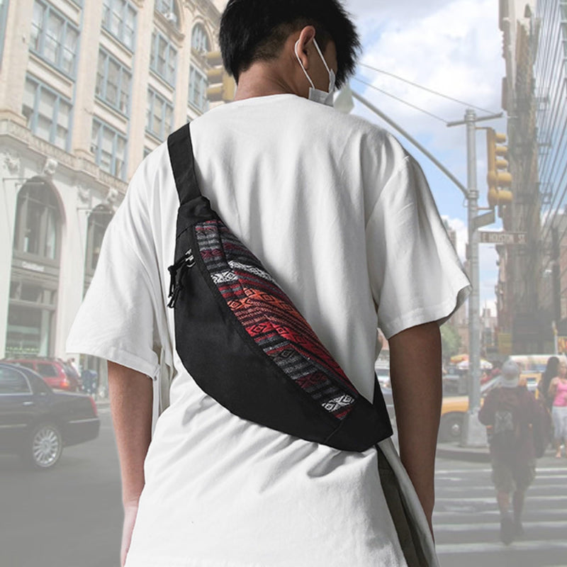 Ethnic Canvas Fanny Pack for Men and Women – Unisex Boho Bum Waist Bags with Zipper Pockets, Hands-Free Sling Crossbody Purse Adjustable Strap Travel Streetwear Hiking Camping Shopping Outdoor (Black) Black