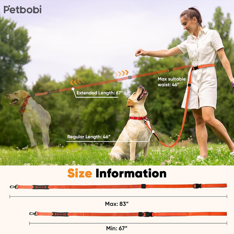 Petbobi Hands Free Dog Leash - Durable Bungee Leash with Padded Handles, Adjustable Waist Belt with Reflective Stitches for Running Walking Jogging Hiking, Fit for Small Medium Dogs, Orange, 5.5'-7' - BeesActive Australia