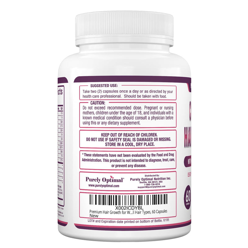 Purely Optimal Hair Growth Vitamins – Supports Thicker, Stronger Hair Growth, Healthy Skin & Nails – Biotin, Collagen, Keratin – Easy-to-Take, Unflavored, 60 Capsules